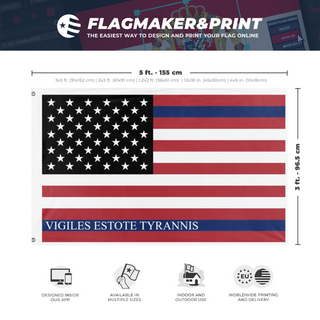 A mockup depicting custom flag specifications and measurements for 'American flag'