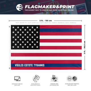 A mockup depicting custom flag specifications and measurements for 'American flag'