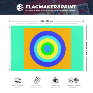 A mockup depicting custom flag specifications and measurements for 'Milo's Flag'