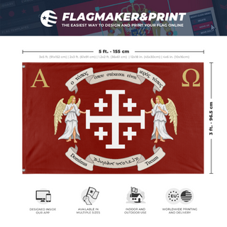 A mockup depicting custom flag specifications and measurements for 'Kingdom of Jerusalem flag'