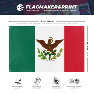 A mockup depicting custom flag specifications and measurements for 'Second Federal Republic of Mexico flag'