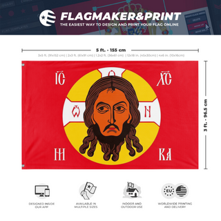 A mockup depicting custom flag specifications and measurements for 'Holy face of Christ flag'