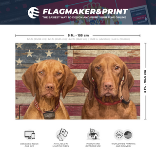 A mockup depicting custom flag specifications and measurements for 'Dogs on US  flag'