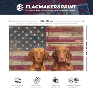 A mockup depicting custom flag specifications and measurements for 'Vizsla United States flag'