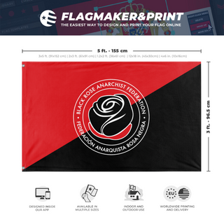 A mockup depicting custom flag specifications and measurements for 'Anarchist Black Rose flag'