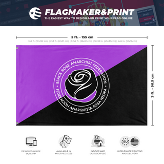 A mockup depicting custom flag specifications and measurements for 'Anarchist Black Rose flag'