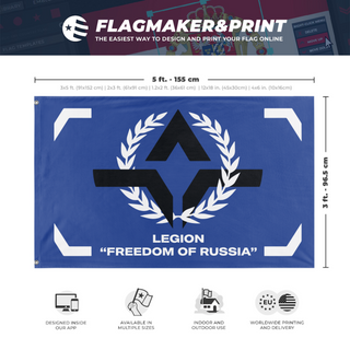 A mockup depicting custom flag specifications and measurements for 'Legion of Free Russia flag'