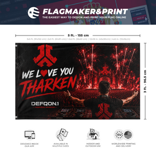 A mockup depicting custom flag specifications and measurements for 'tharken flag'