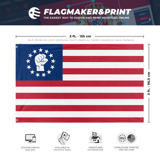 A mockup depicting custom flag specifications and measurements for 'Leftist Betsy Ross flag'