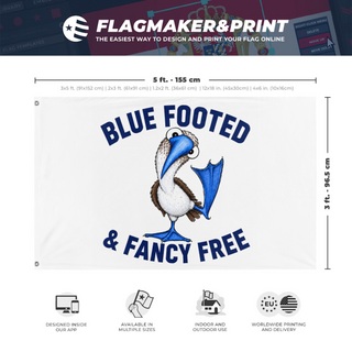 A mockup depicting custom flag specifications and measurements for 'bluefooted flag'