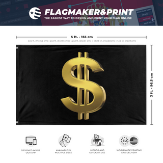 A mockup depicting custom flag specifications and measurements for 'Dollar Sign flag'