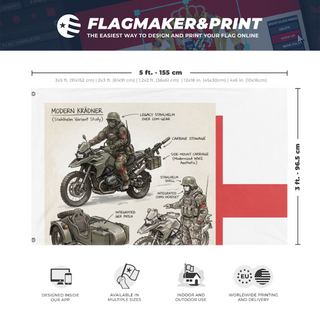 A mockup depicting custom flag specifications and measurements for 'Test Name flag'