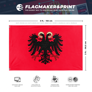 A mockup depicting custom flag specifications and measurements for 'Kingdom of Albania'