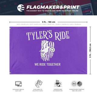 A mockup depicting custom flag specifications and measurements for 'Tyler's Ride'