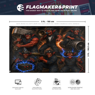 A mockup depicting custom flag specifications and measurements for 'Fiends'