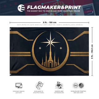 A mockup depicting custom flag specifications and measurements for 'SW Mirial Flag'