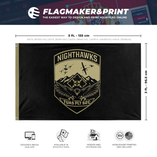 A mockup depicting custom flag specifications and measurements for 'Nighthawk UAS desk flag'