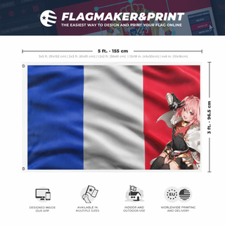 A mockup depicting custom flag specifications and measurements for 'France Astolfo flag'