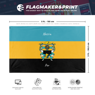 A mockup depicting custom flag specifications and measurements for 'UnionFlagofNessia&Per flag'