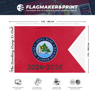 A mockup depicting custom flag specifications and measurements for 'JBC Farewell Custom'