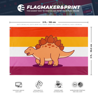 A mockup depicting custom flag specifications and measurements for 'Lesbian Stegosaurus Pride flag'