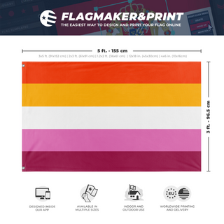 A mockup depicting custom flag specifications and measurements for 'Five Stripe Lesbian Pride Flag'