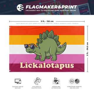 A mockup depicting custom flag specifications and measurements for 'Lickalotapus Lesbian Pride flag'