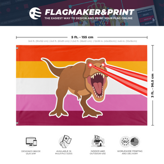 A mockup depicting custom flag specifications and measurements for 'Lesbian Laser T-Rex Pride flag'