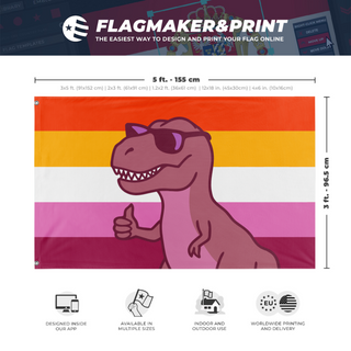 A mockup depicting custom flag specifications and measurements for 'Lesbian Dinosaur Pride flag'