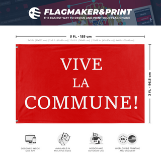 A mockup depicting custom flag specifications and measurements for 'Viva La Commune flag'