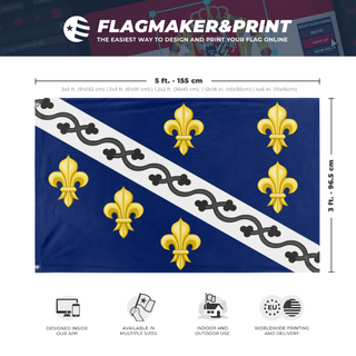 A mockup depicting custom flag specifications and measurements for 'Kingdom of Bosnia flag'
