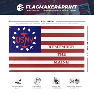 A mockup depicting custom flag specifications and measurements for 'Remember the Maine US Navy flag'