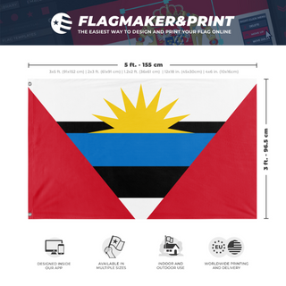 A mockup depicting custom flag specifications and measurements for 'test flag'