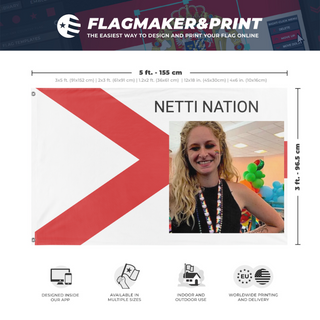 A mockup depicting custom flag specifications and measurements for 'NETTI NATION flag'