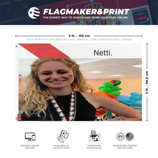 A mockup depicting custom flag specifications and measurements for 'netti flag'