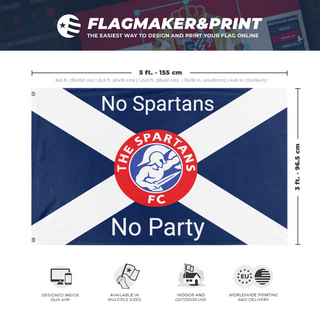 A mockup depicting custom flag specifications and measurements for 'NoSpartansNoParty flag'