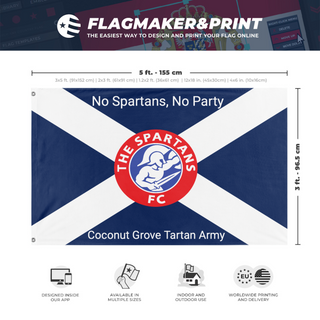 A mockup depicting custom flag specifications and measurements for 'Grove tartan army flag'