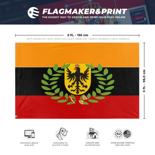 A mockup depicting custom flag specifications and measurements for 'Estadooeste flag'