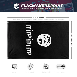 A mockup depicting custom flag specifications and measurements for 'Shahada flag'