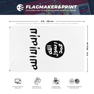 A mockup depicting custom flag specifications and measurements for 'Shahada flag'