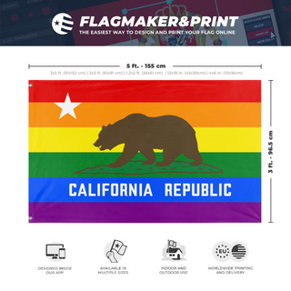 A mockup depicting custom flag specifications and measurements for 'California State Pride flag'