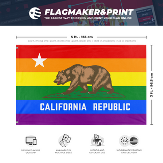 A mockup depicting custom flag specifications and measurements for 'California Pride flag'