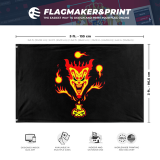 A mockup depicting custom flag specifications and measurements for 'ICP The amazing Jeckel brothers ver 1 flag'