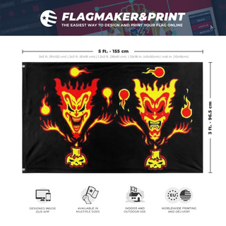 A mockup depicting custom flag specifications and measurements for 'ICP The amazing Jeckel brothers ver 2 flag'