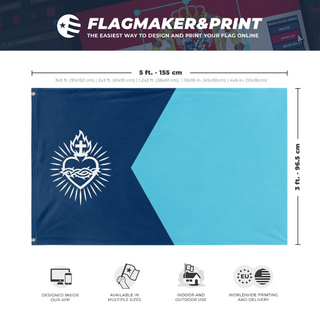 A mockup depicting custom flag specifications and measurements for 'Sacred Heart of Jesus Minnesota flag'