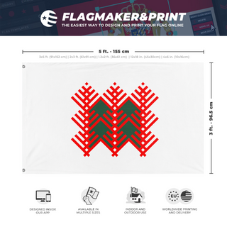A mockup depicting custom flag specifications and measurements for 'Pine Flag White'