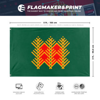 A mockup depicting custom flag specifications and measurements for 'Pine Flag'