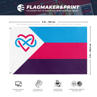 A mockup depicting custom flag specifications and measurements for 'Newer Polyamorous flag'