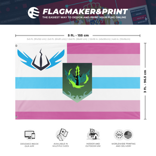 A mockup depicting custom flag specifications and measurements for 'Femboy Changeling Lands flag'