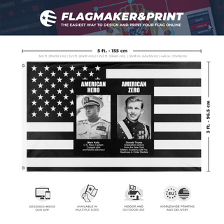 A mockup depicting custom flag specifications and measurements for 'HERO V. ZERO flag'